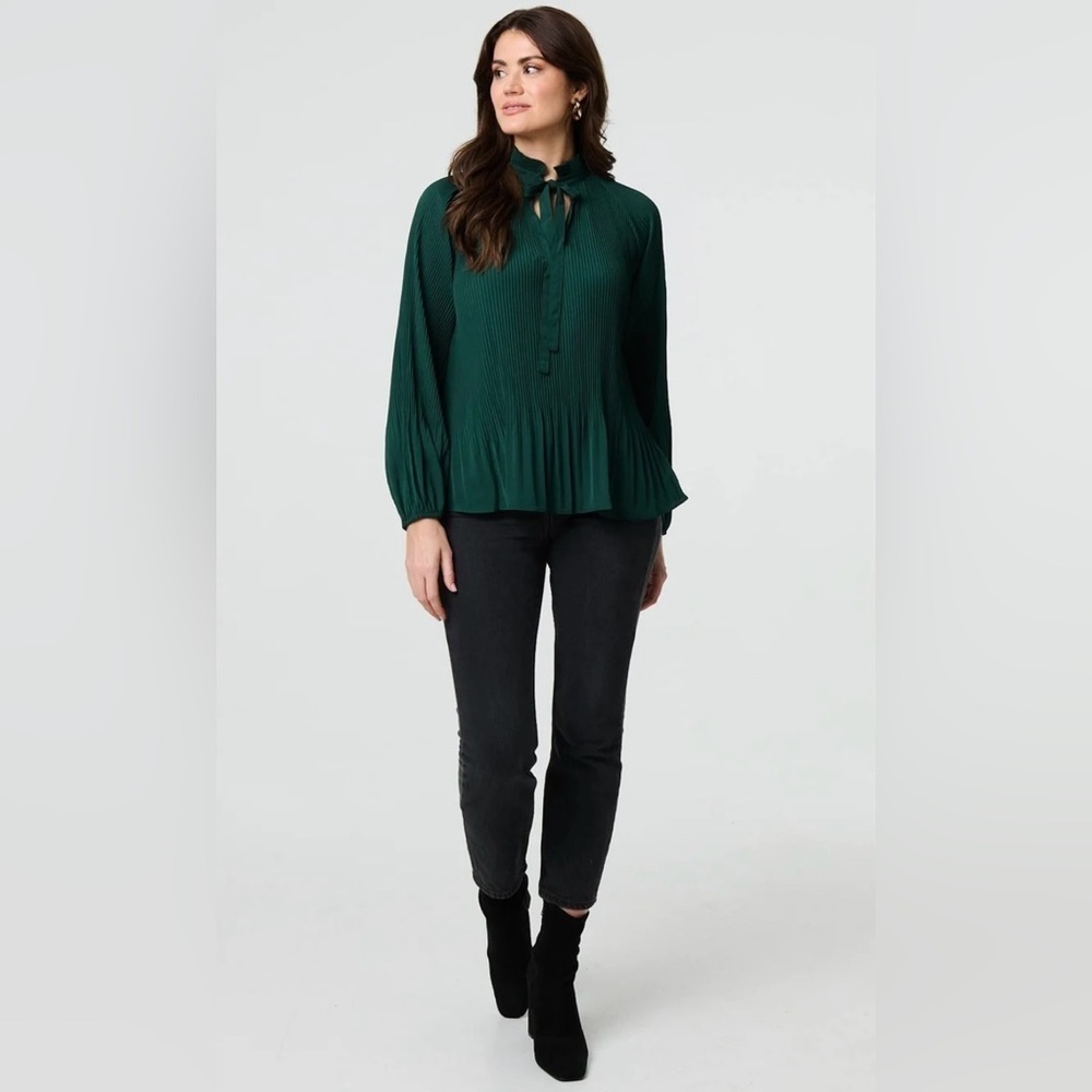 New Papillon Blanc Blouse Dark Green Emerald Top Long sleeve Pleated Size XS